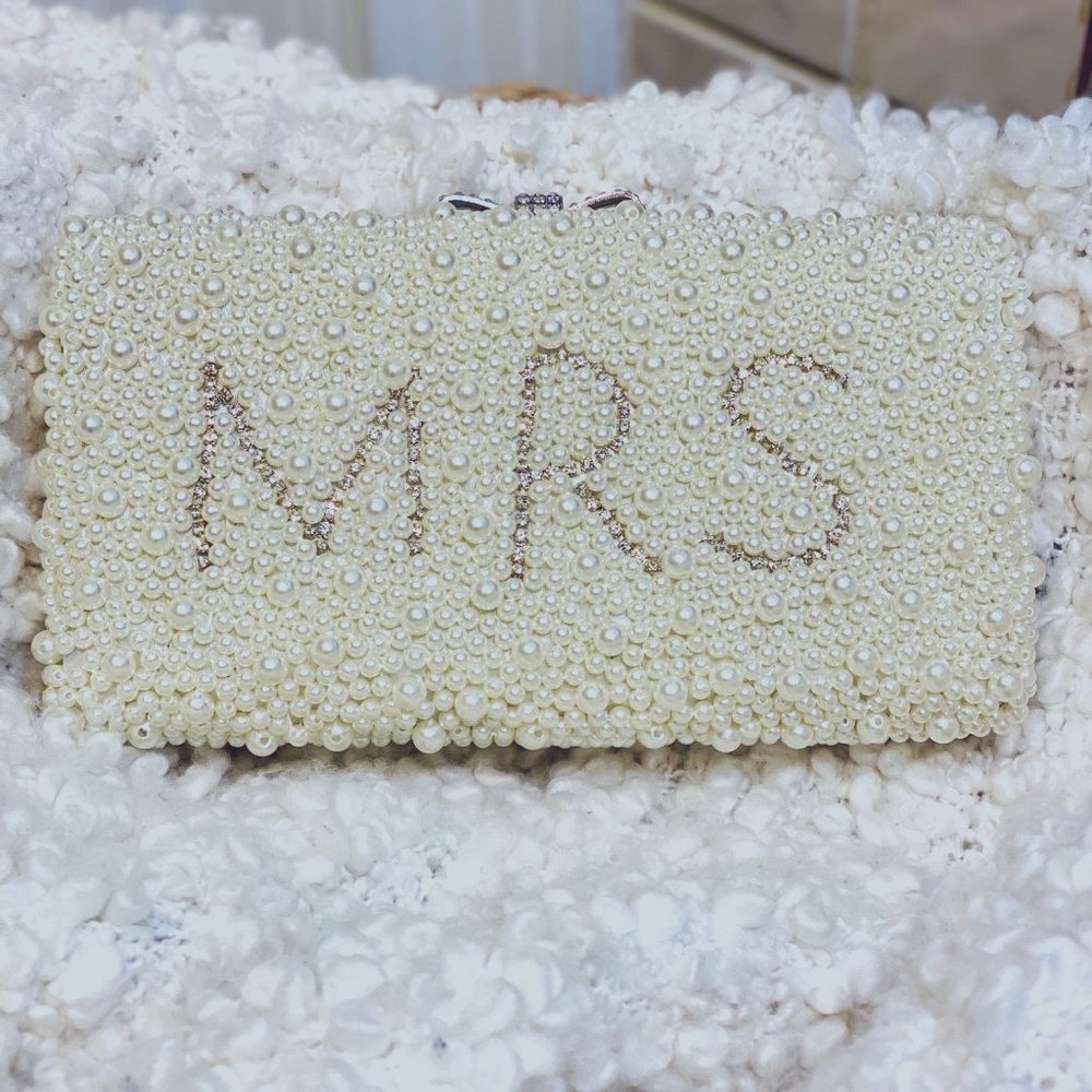 Bridal MRS Pearl Bead and Rhinestone Clutch- NWT